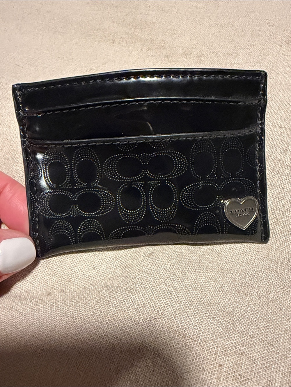 Coach Black Patent Signature Card Holder with Heart Charm